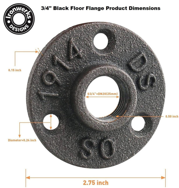 3/4" Black Floor Flange For Pipe Furniture 3 Hole
